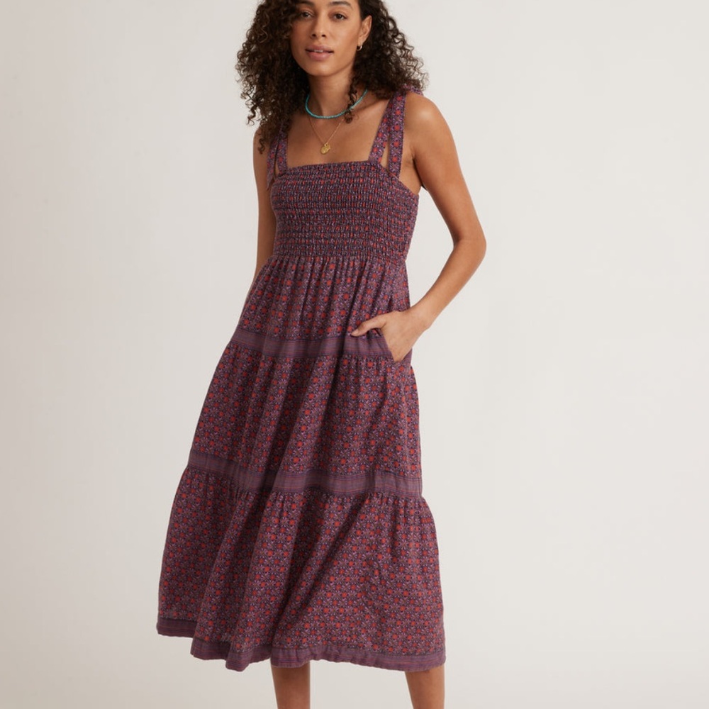 Marine Layer Selene Smocked Tiered Maxi Dress in Geo Floral Print - Picture 3 of 9